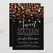 Kupfer Sweet 16 Geburtstag Funkelnd String-Leuchte Einladung (Vorne/Hinten)
