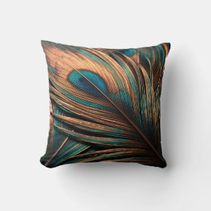 Kupfer-Teal-Pfauenfeder-Makro-Luxus Kissen