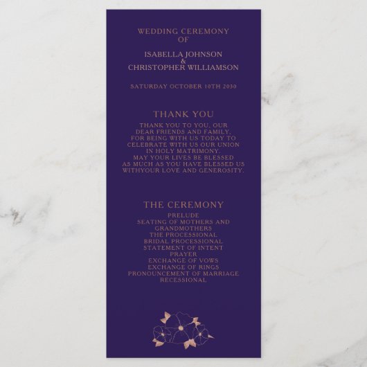 Kupfer und blau florale moderne Hochzeitsfeier Programm (Vorderseite)