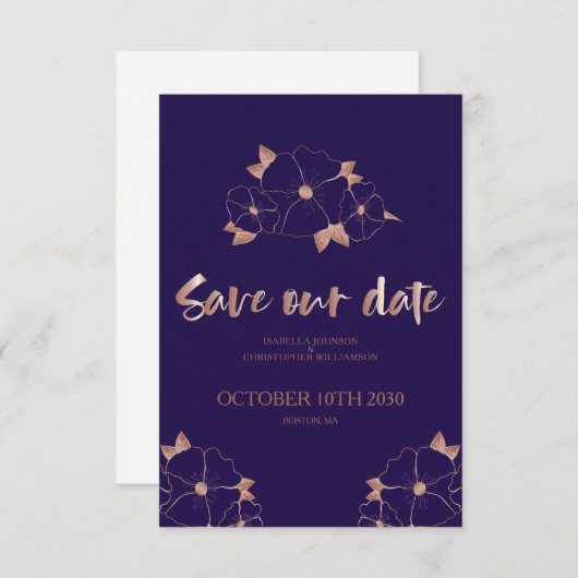 Kupfer und blauer Blumen modern Save the Date (Vorne/Hinten)
