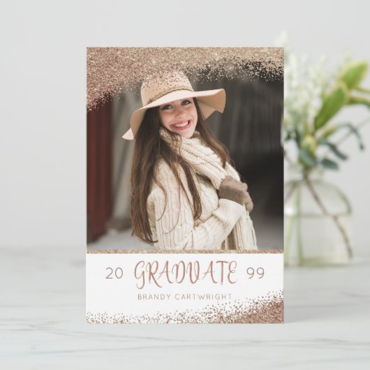 Kupfer und Gold Glitzer Pinselskriptprüfung Einladung (Stehend Vorderseite)