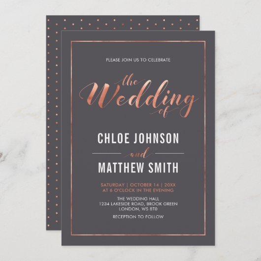Kupfer und Grau | Einfache Hochzeit moderner Typog Einladung (Vorne/Hinten)