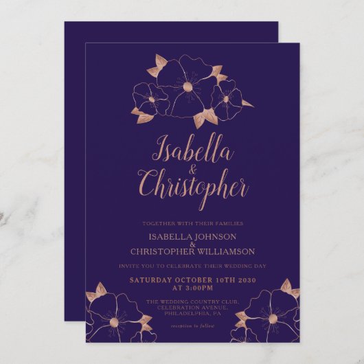 Kupfer und Mitternachtsblau Blütenblume Moderne Ho Einladung (Vorne/Hinten)