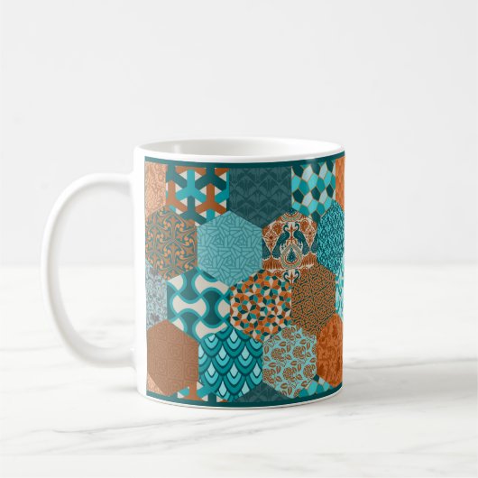 Kupfer und türkisfarbene Patchwork-Look Tasse (Links)
