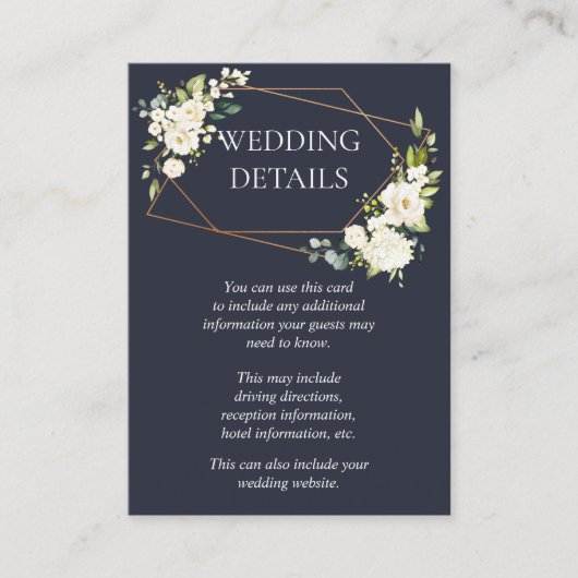 Kupfergeometric Blue White Floral Wedding Details Begleitkarte (Vorderseite)