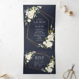 Kupfergeometric Blue White Floral Wedding Dreifach Gefaltete Einladung