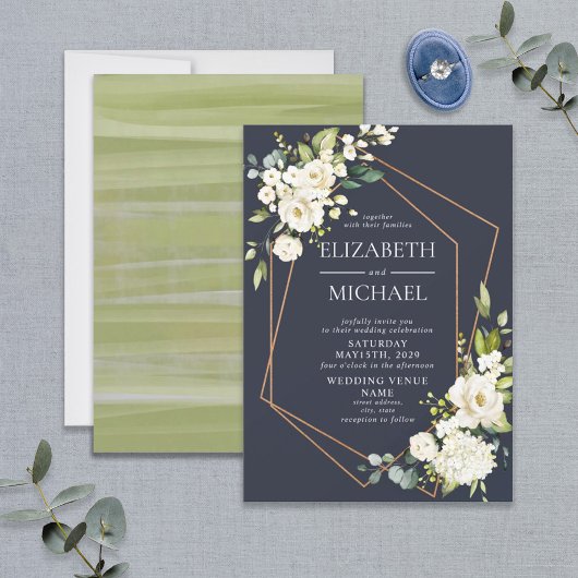 Kupfergeometric Blue White Floral Wedding Einladung