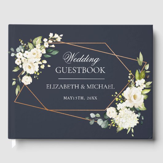 Kupfergeometric Blue White Floral Wedding Gästebuch (Vorderseite)