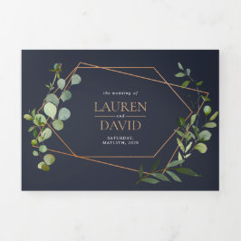 Kupfergeometric Eucalyptus Blue Elegante Hochzeit Dreifach Gefaltete Einladung