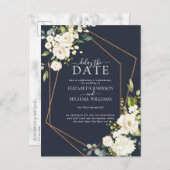 Kupfergeometric White Navy Blue verzögert das Datu Ankündigungspostkarte (Vorne/Hinten)