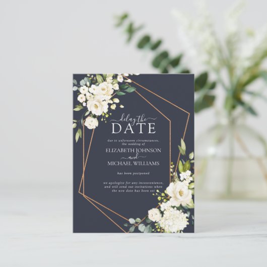 Kupfergeometric White Navy Blue verzögert das Datu Ankündigungspostkarte (Stehend Vorderseite)