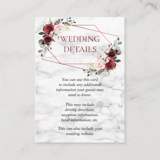 Kupfergeometrische Burgundy Marble Hochzeitdetails Begleitkarte (Vorderseite)