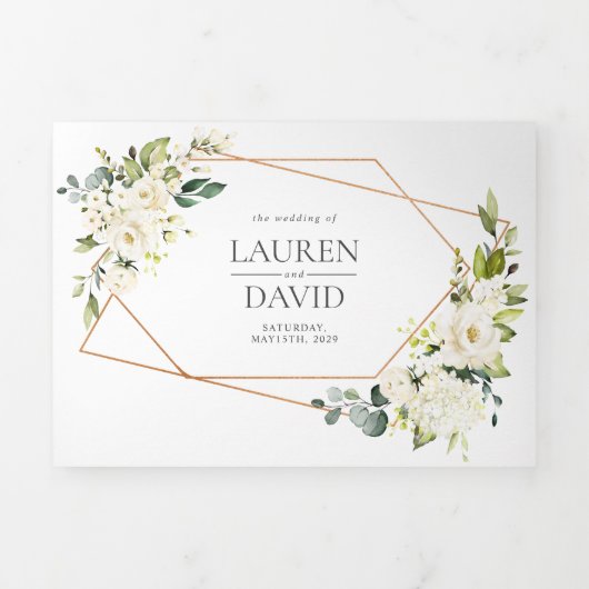 Kupfergeometrische Hochzeit mit weißer Blüte, drei Dreifach Gefaltete Einladung (Cover)