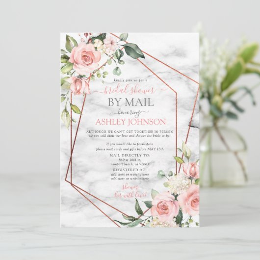 Kupfergeometrische Marmorplatte Rosa Blütendusche Einladung (Stehend Vorderseite)