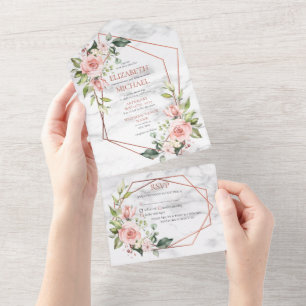 Kupfergeometrischer Marmor Rosa Florale Hochzeit A All In One Einladung