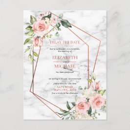 Kupfergeometrisches Marmor Pink FloralDelay Datum Ankündigungspostkarte