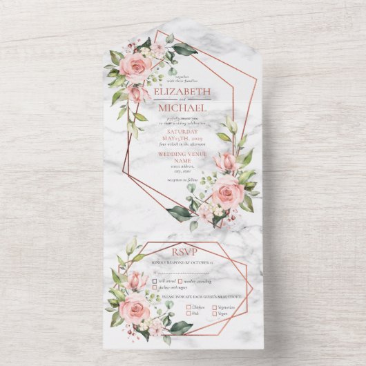Kupfergeometrisches Marmor Rosa Blumenzehen All In One Einladung (Innen Boden)