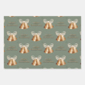 Kupferglocken und grüne Schneeflocken Weihnachten Geschenkpapier Set (Vorderseite)