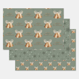 Kupferglocken und grüne Schneeflocken Weihnachten Geschenkpapier Set