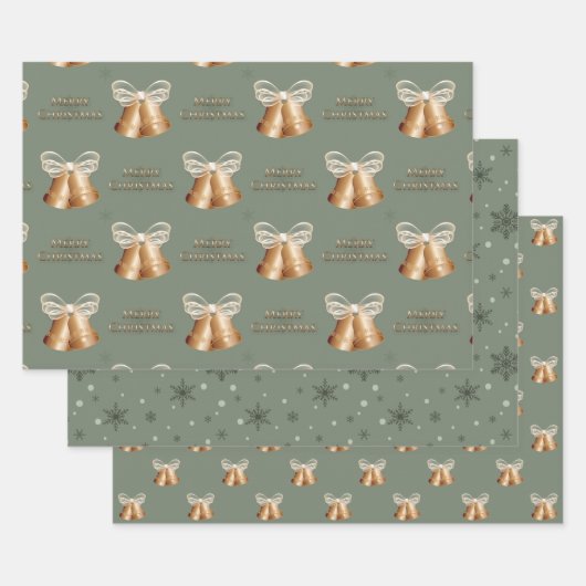 Kupferglocken und grüne Schneeflocken Weihnachten Geschenkpapier Set (Set)