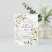 Kupfermarble Geometric White Floral Baby Dusche Ankündigungspostkarte (Stehend Vorderseite)
