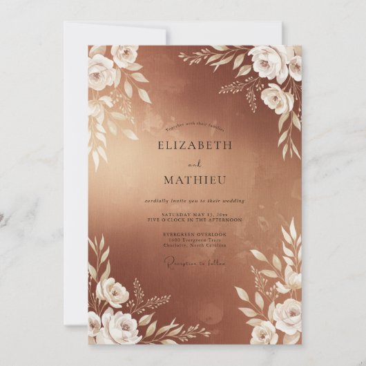 Kupferne Hochzeit mit Blättern Einladung (Vorderseite)