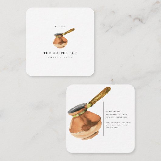 Kupferne Topf-Illustrations-Kaffeestube Quadratische Visitenkarte (Vorne/Hinten)
