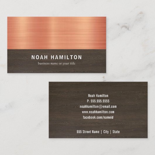 Kupferne und dunkle hölzerne Visitenkarte des (Vorne/Hinten)