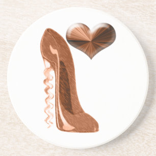 Kupferner Korkenzieher-Fersen-Stilett-Schuh und Getränkeuntersetzer