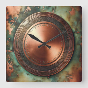 Kupferobjekt und Patina Quadratische Wanduhr