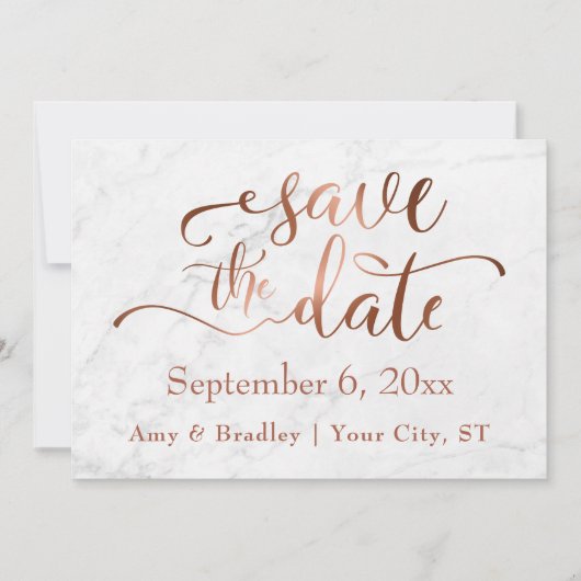 Kupferskript & White Marble Wedding Speichern Sie Save The Date (Vorderseite)