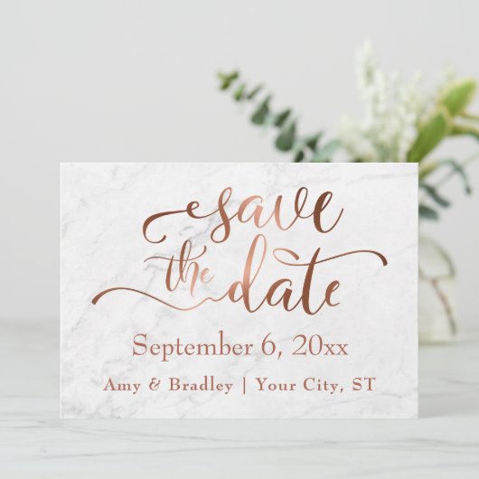 Kupferskript & White Marble Wedding Speichern Sie Save The Date (Stehend Vorderseite)