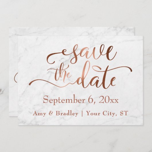 Kupferskript & White Marble Wedding Speichern Sie Save The Date (Vorne/Hinten)