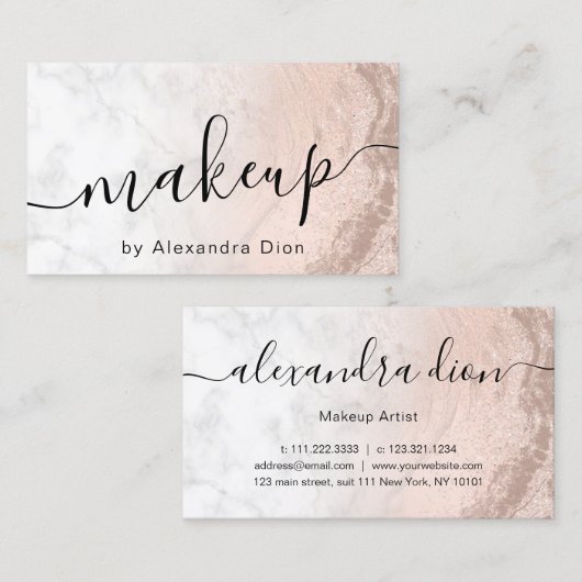 Kupferstich-Rose Gold Glitzer Marmor Makeup-Künstl Visitenkarte (Vorne/Hinten)