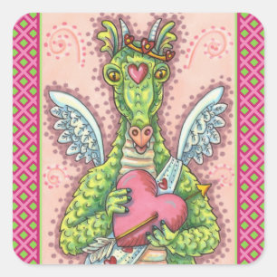 KUPID DRAGON, HERZ UND ARROS FANTASY VALENTINE QUADRATISCHER AUFKLEBER