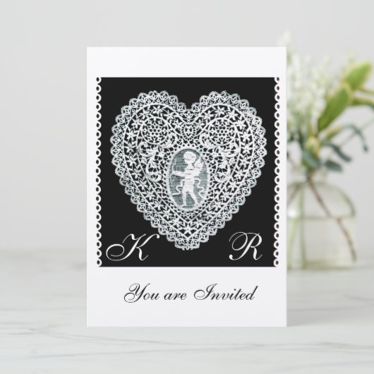 KUPID LACE HERZ MONOGRAMM Filzpapier Einladung (Stehend Vorderseite)