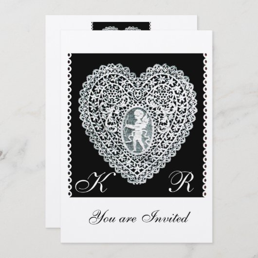 KUPID LACE HERZ MONOGRAMM Filzpapier Einladung (Vorne/Hinten)