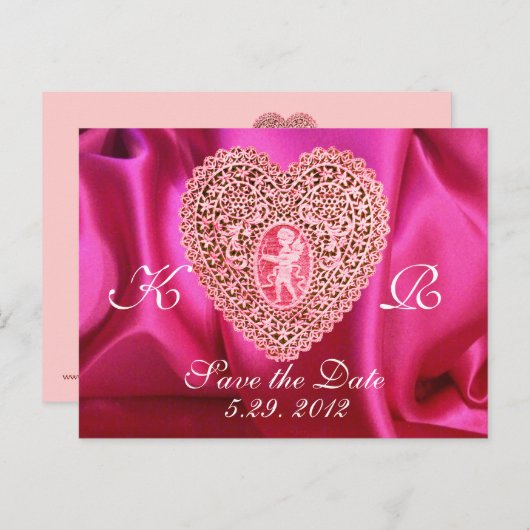KUPID LACE HERZ SILK FUCHSIA CLOTH, Pink Red Ankündigungspostkarte (Vorne/Hinten)