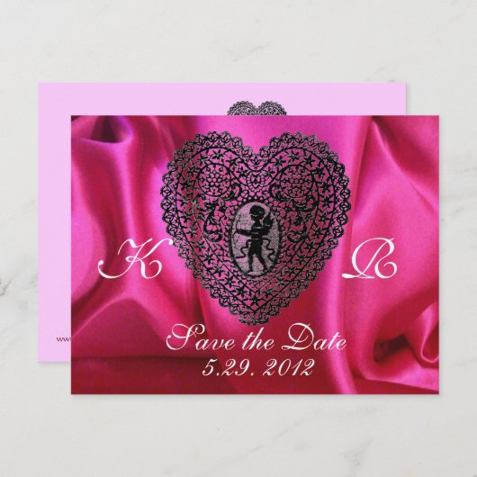 KUPID LACE HERZ SILK FUCHSIA KLOTH, Pink Black Ankündigungspostkarte (Vorne/Hinten)