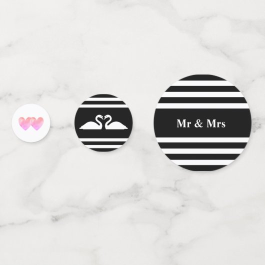 Kupid, Schwäne auf schwarz-weiß gestreifter Hochze Konfetti (Vorderseiten)