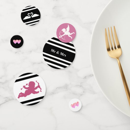 Kupid, Schwäne auf schwarz-weiß gestreifter Hochze Konfetti (Gruppe)