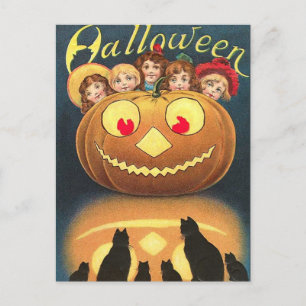 Kürbis an Halloween, Kinder und schwarze Katzen Postkarte