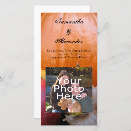 Kürbis, Apple und farbenfrohe Blätter im Herbst Save The Date (Vorne/Hinten)