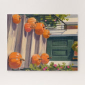 Kürbis auf der Treppe im Herbst | Herbstmalerei Puzzle (Horizontal)