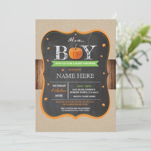 Kürbis-Baby-Dusche ist es ein Junge das rustikale, Einladung (Stehend Vorderseite)