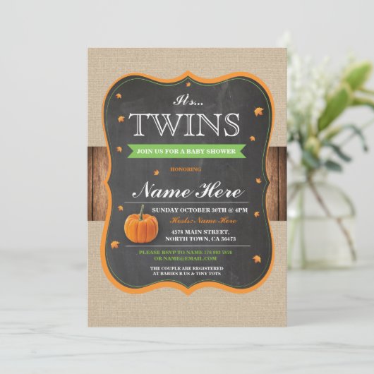 Kürbis-Baby-Dusche ist es Zwillings-Party, das Einladung (Stehend Vorderseite)