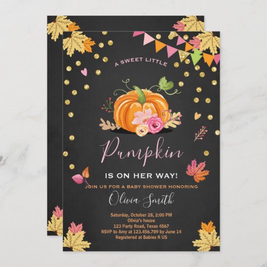 Kürbis-Babypartyeinladung Herbst-Fall-Rosa Einladung (Vorne/Hinten)