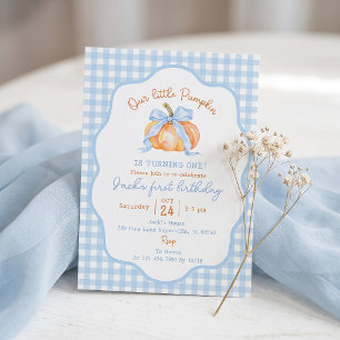 Kürbis Blau Gingham Einladung zum ersten Geburtsta