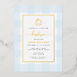 Kürbis Blau Gingham Taufe Goldfolie Einladung