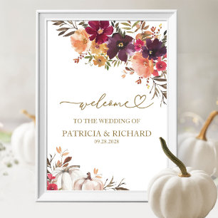 Kürbis Burgunder Floral Herbst Hochzeit Willkommen Poster